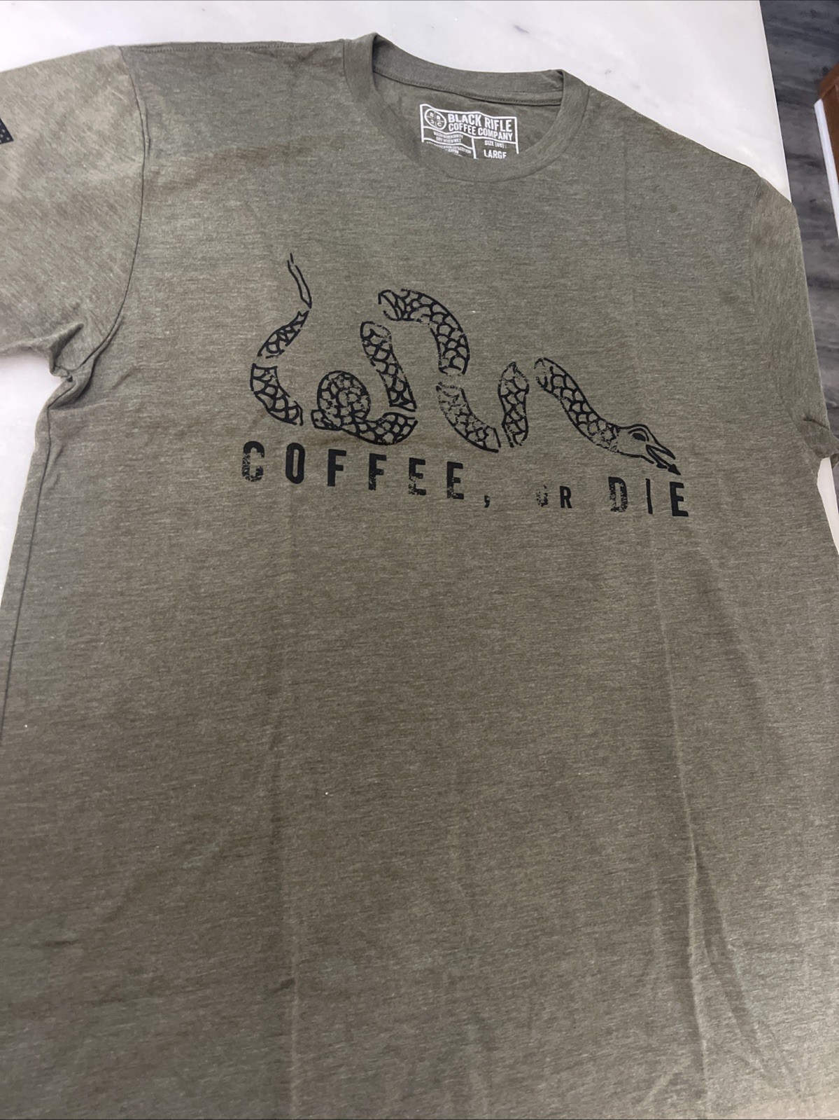 Black Rifle Coffee Company Coffee or Die T-Shirt Snake Military Green Size Large