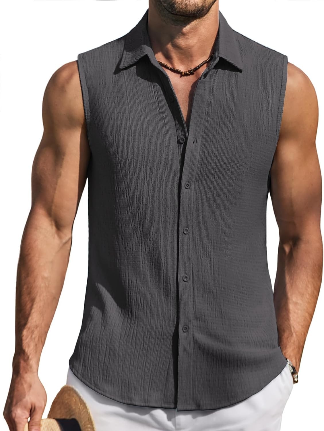 Men’s Shirt Sleeveless Turn Down Collar Dark Gray Regular Fit Summer COOFANDY