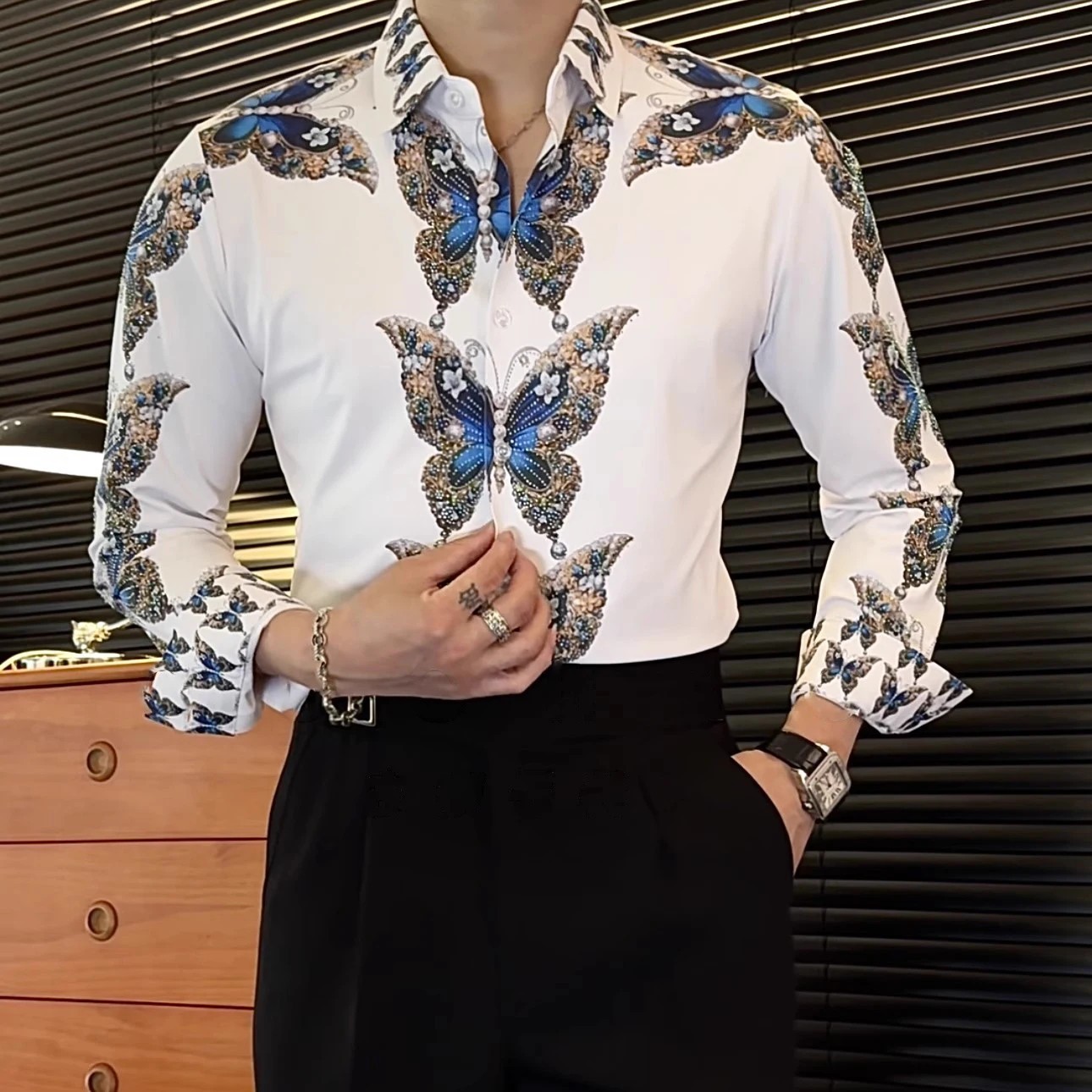 New Luxury Men Diamond Butterfly Rhinestones Button-Down Shirt High Quality
