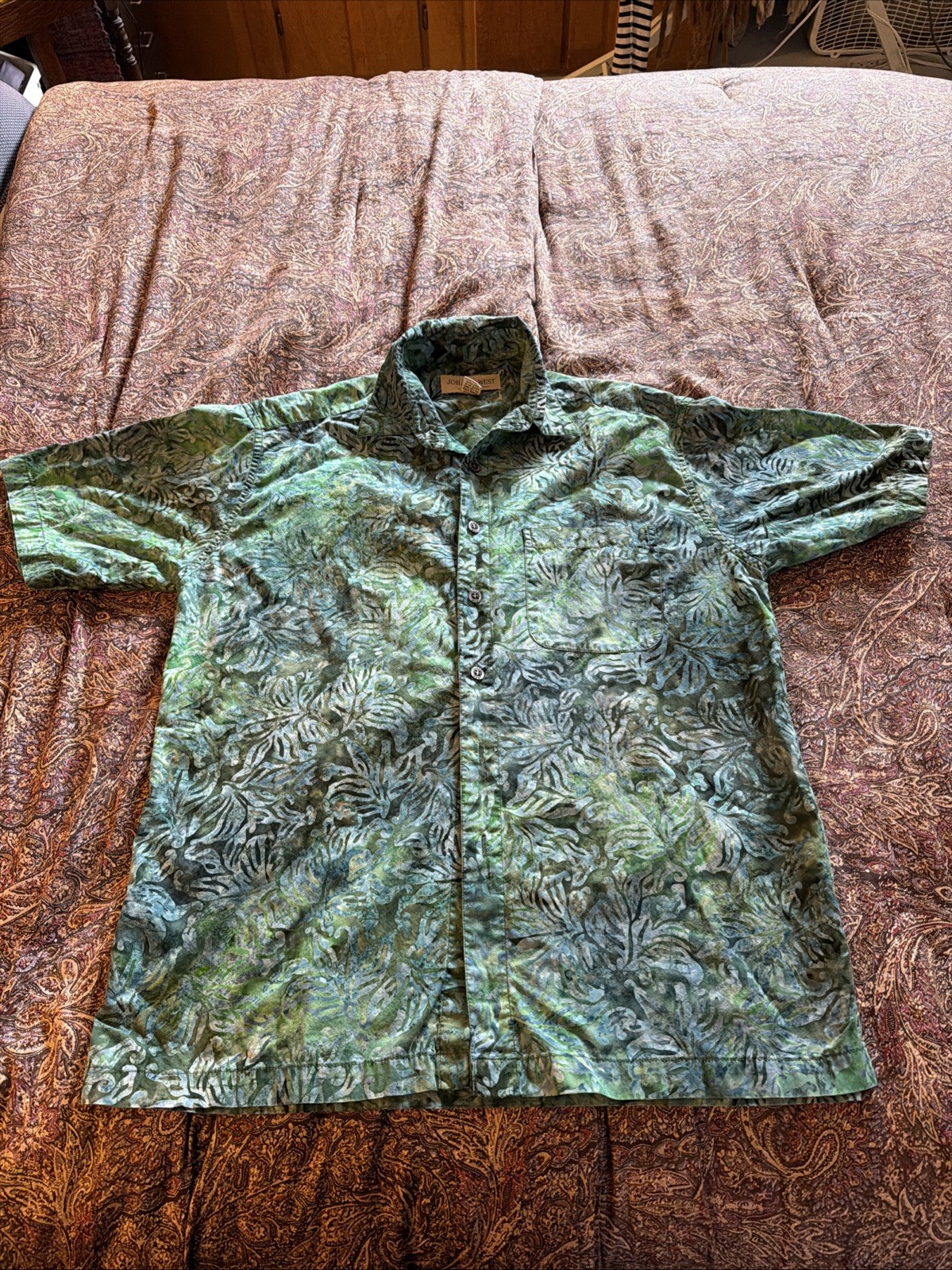 Johari West Mens L Teal Green Batik Hawaiian Short Sleeve Geometric Cotton 100%