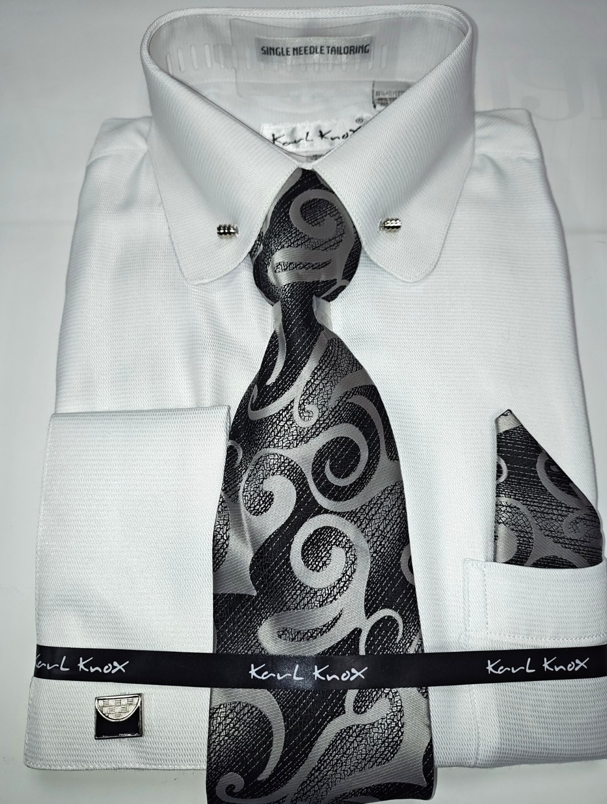 Mens White Eyelet Collar Bar French Cuff Dress Shirt + Tie Set Karl Knox SX4543