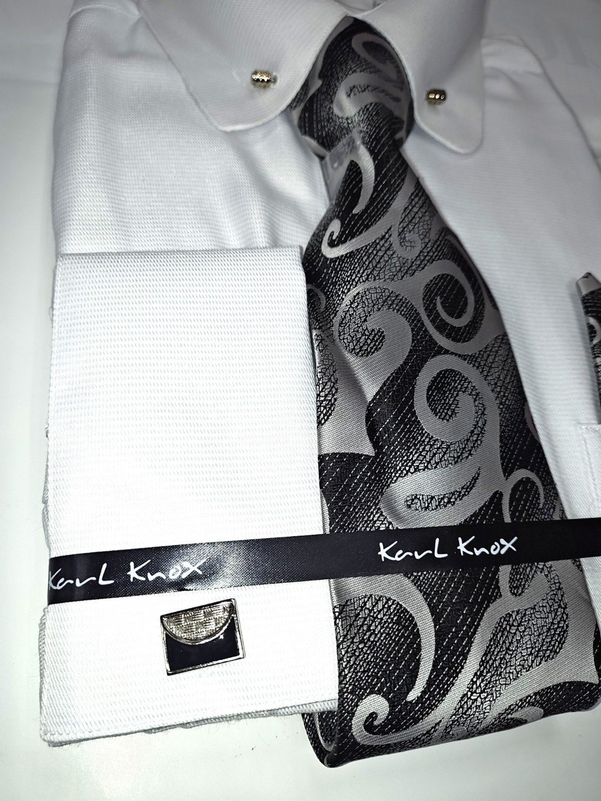 Mens White Eyelet Collar Bar French Cuff Dress Shirt + Tie Set Karl Knox SX4543