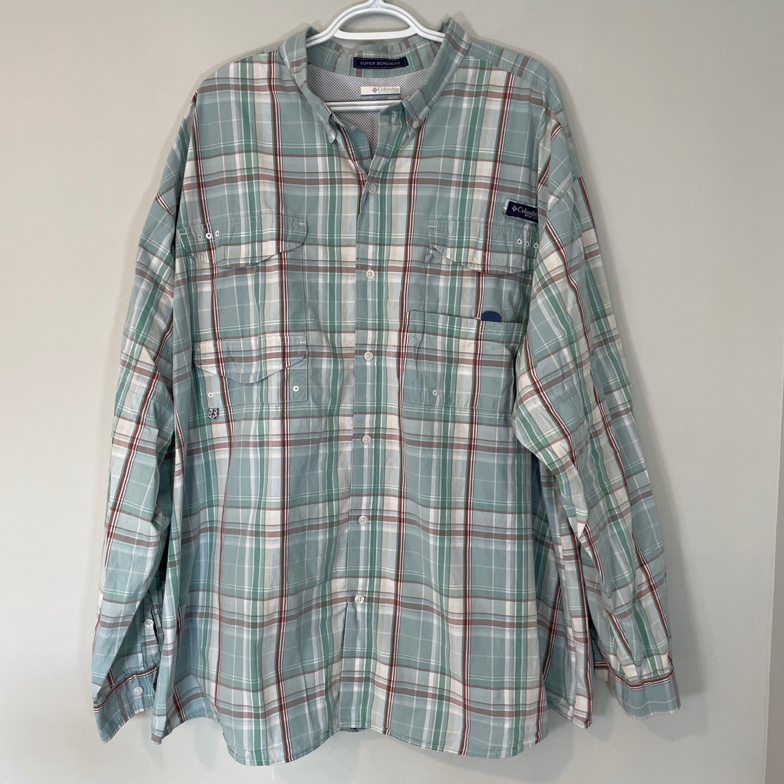 Columbia PFG Super Bonehead Mens 3X Tall Green Plaid Fishing Shirt L/S Vented