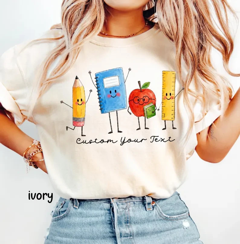 Cute Pencil Notebook Apple Ruler Graphic Tee Funny School Shirt Unisex T-Shirt