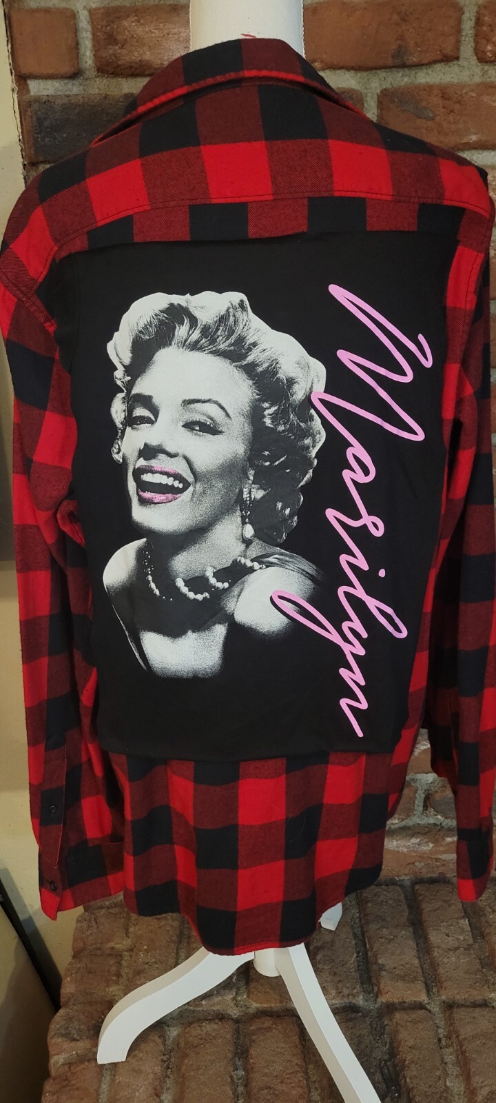 Custom-made upcycled flannel shirt with your choice of Marilyn Monroe logo!