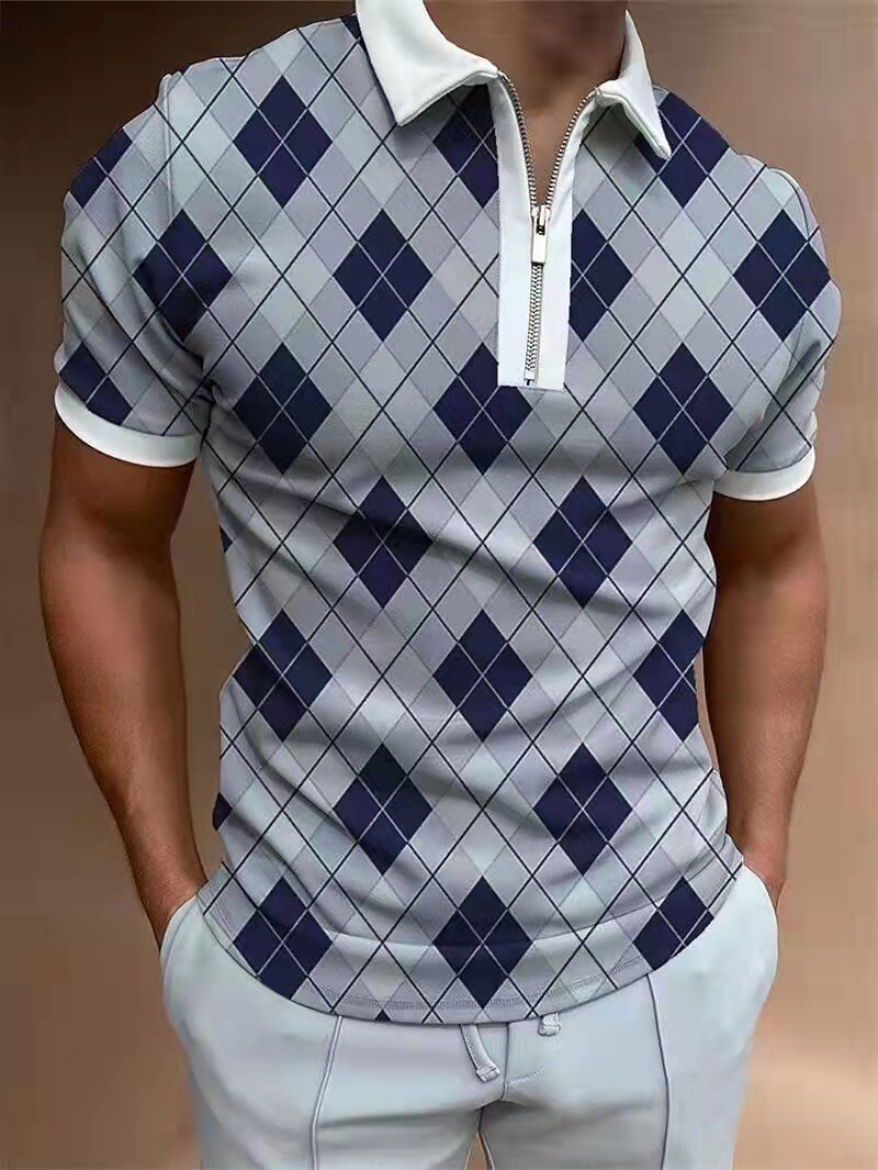 Polo T Shirts Men Zipper Collar Blue Navy Casual Golf Fashion White Trim Zip Tee