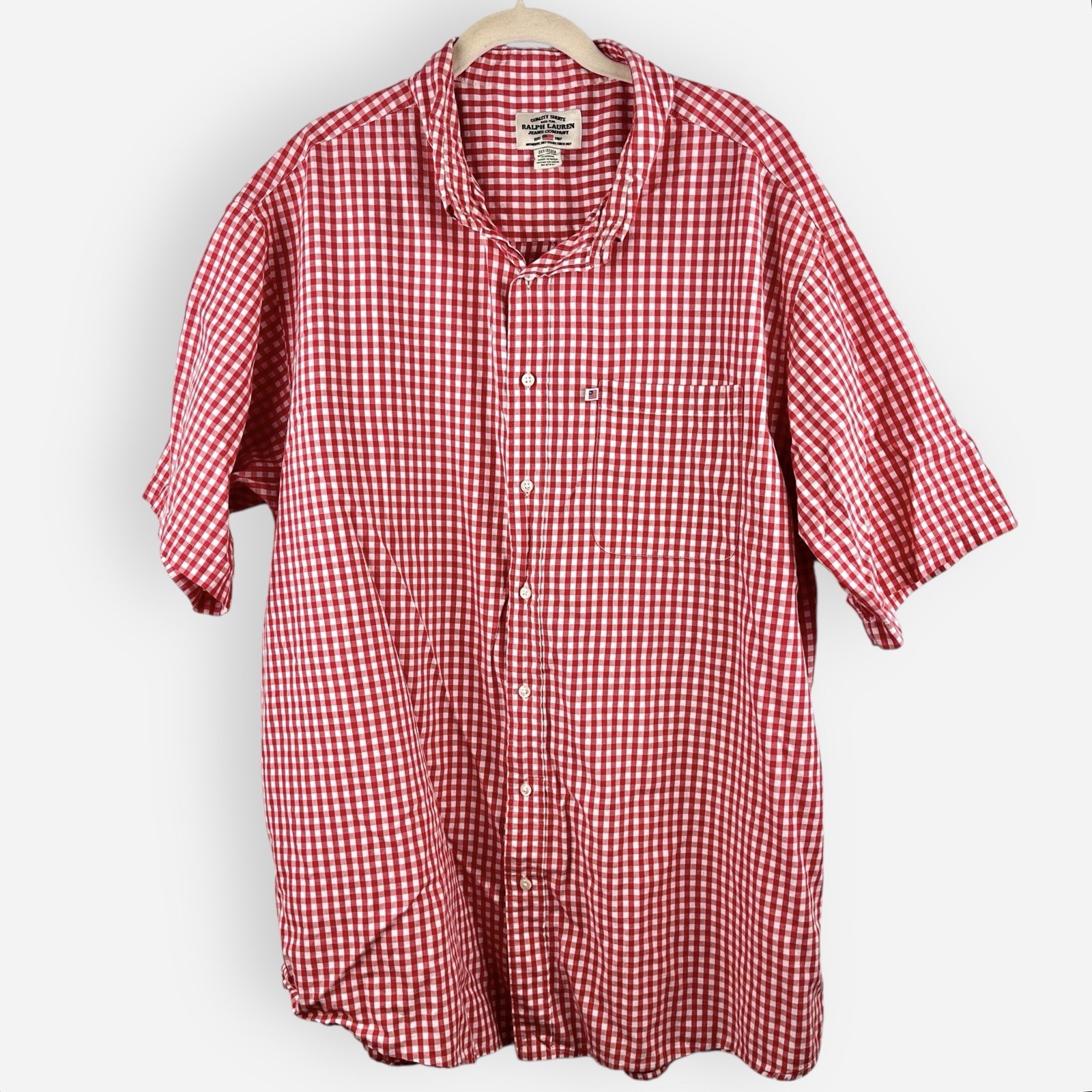 Ralph Lauren Jeans Red White Gingham Short Sleeve Button Down Shirt 2X Tall 2XT