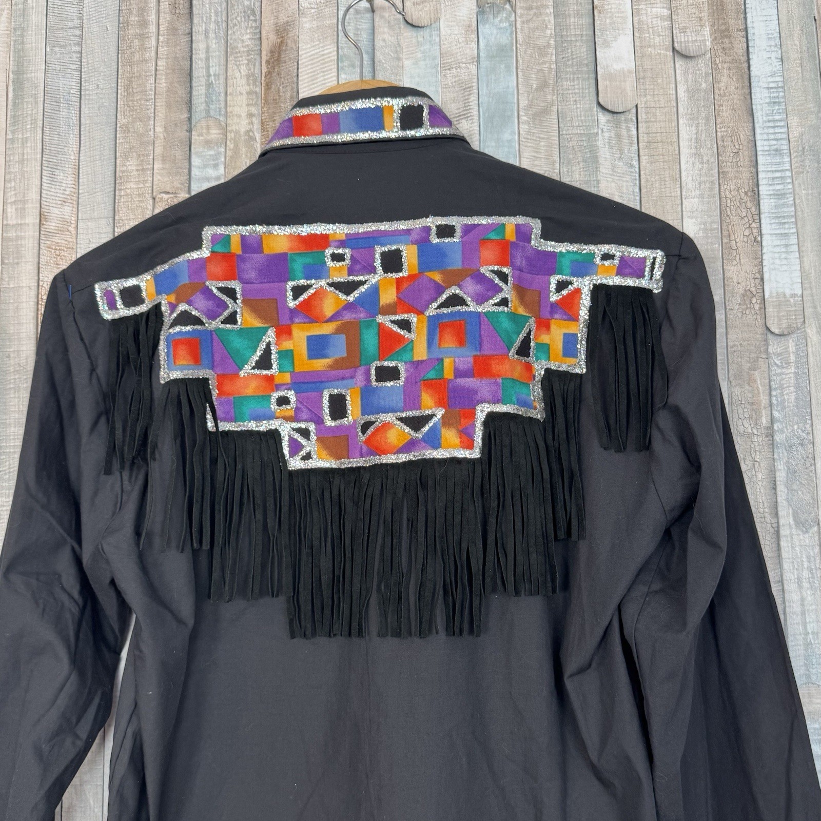 Vintage Western 80s Embellished Glitter Fringe Button Down Shirt Colorful Mens L