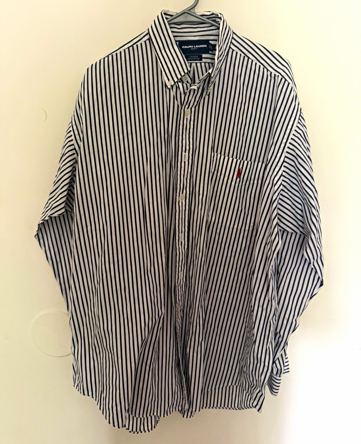 Ralph Lauren Golf Mens L White/Navy Striped 100% Cotton Dress Shirt Pockets