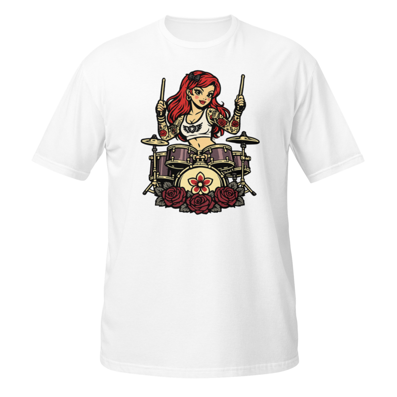 Rock Drummer Girl Unisex T-Shirt Disney Cartoon Anime Biker Tattoo Guitar Music