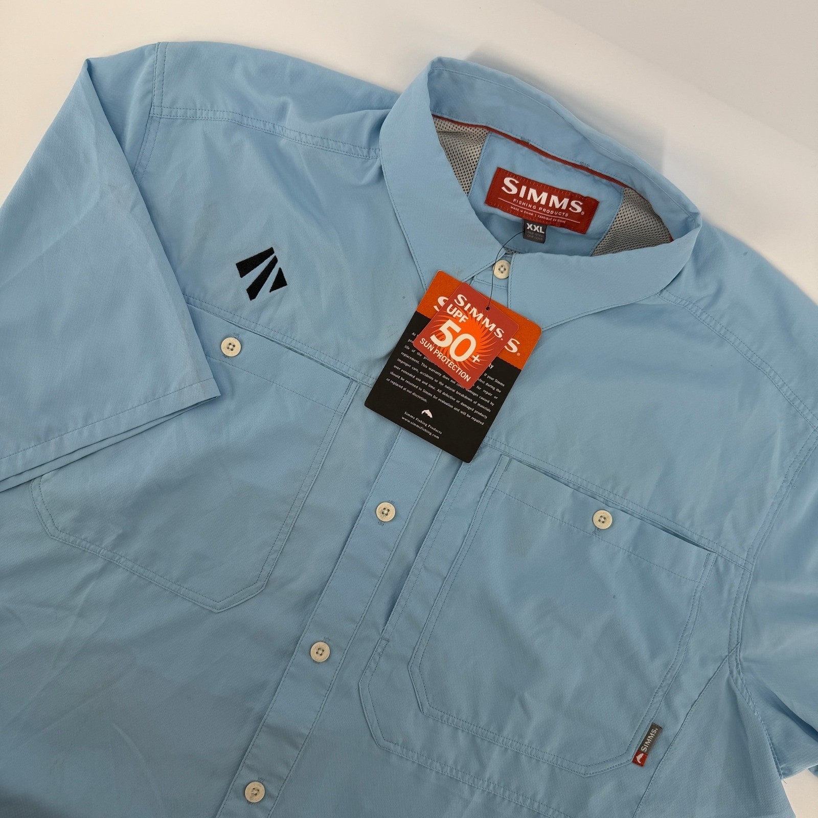 NWT Simms Ebb Tide Fishing Shirt Mens XXL Glacier Blue Short Sleeve UPF 50 Vent
