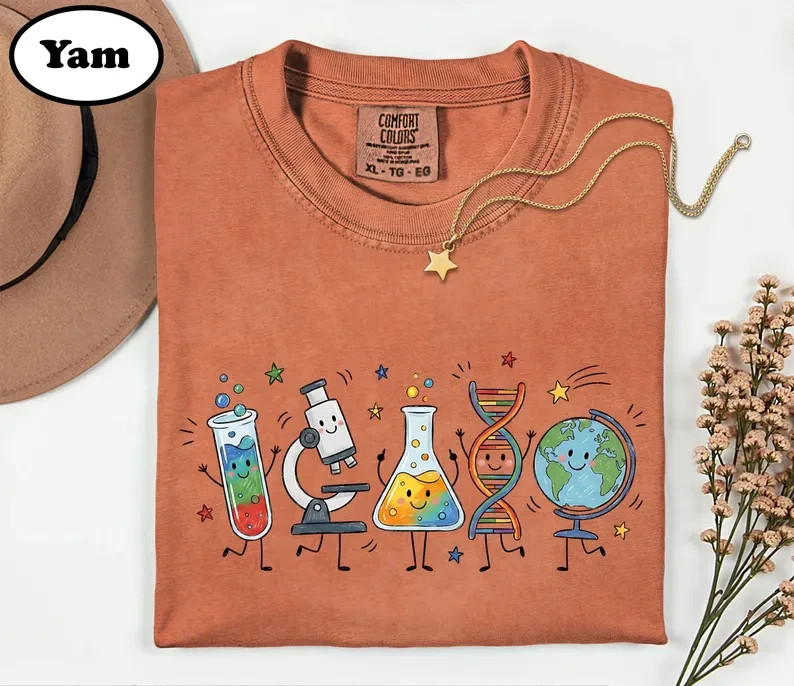 Science Teacher Shirt Cute Kawaii Microscope DNA Globe Back To School Graphic