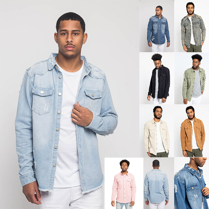 Victorious Men’s Long Sleeve Button Up Distressed Denim Jean Shirt Jacket DK158