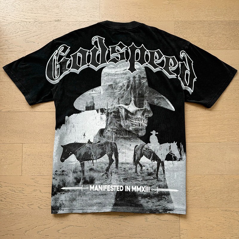 NEW Godspeed Skeleton Cowboy Knight Black print Tee Mens Short Sleeve T-shirt