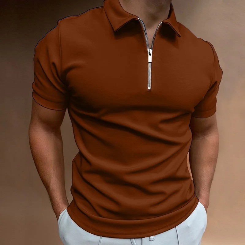 Mens Polo Shirt Zipper Short Sleeve Casual Slim Fit Summer Solid Golf Tee