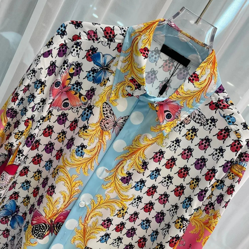 Button Down Shirt Men Fashion Color Mix Print Summer Long Sleeve Casual Shirts