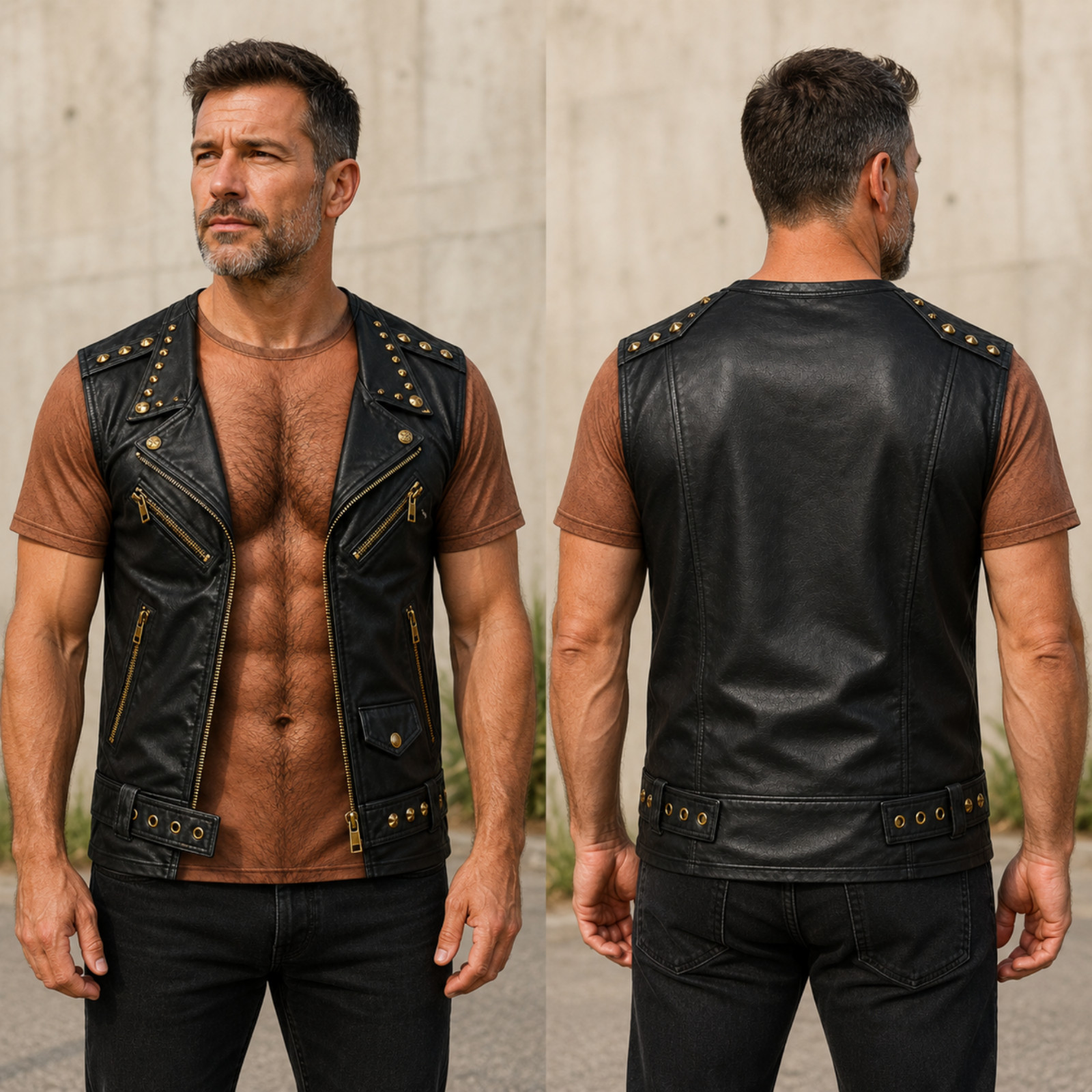 Mens Biker Leather Vest T-Shirt 3D Muscle Hairy Chest Halloween Costume (S-5XL)