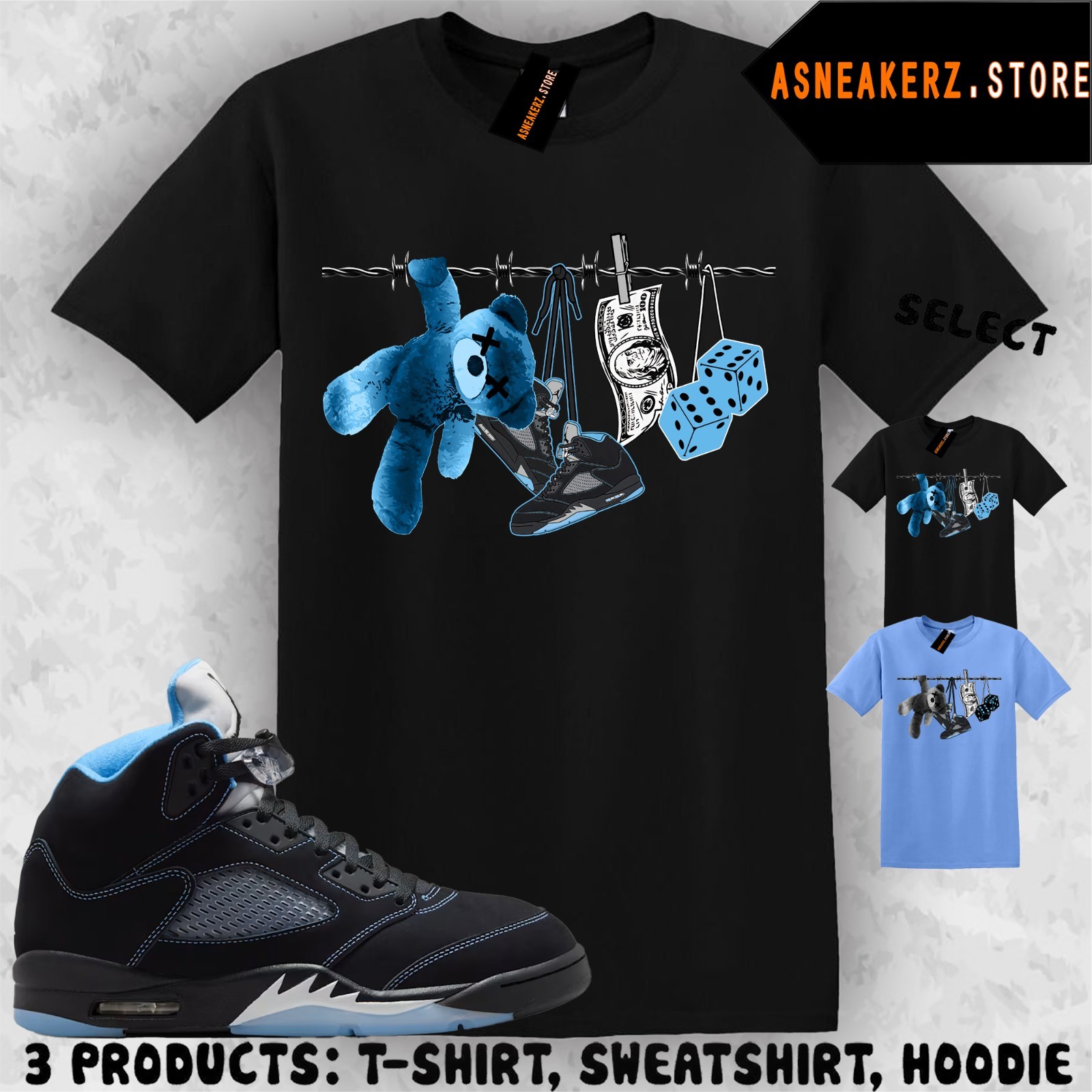 Tee Shirt Matching AJ 5 Black UNC Blue 2026 To Match Sneaker Clothesline T-Shirt