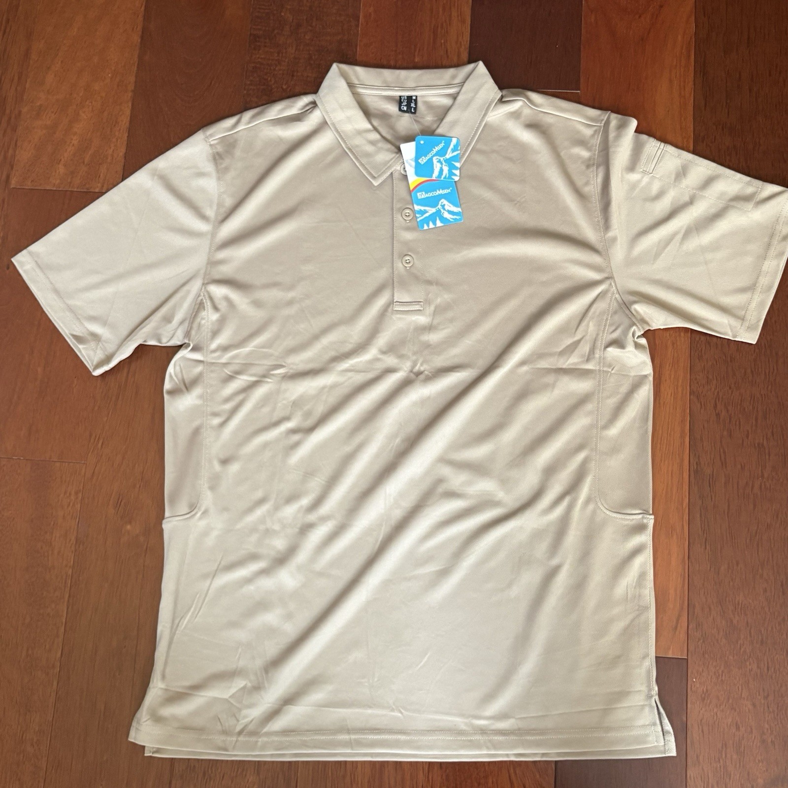 Magcomsen Mens Polo Golf Shirt Medium Khaki Performance Short Sleeve NWT