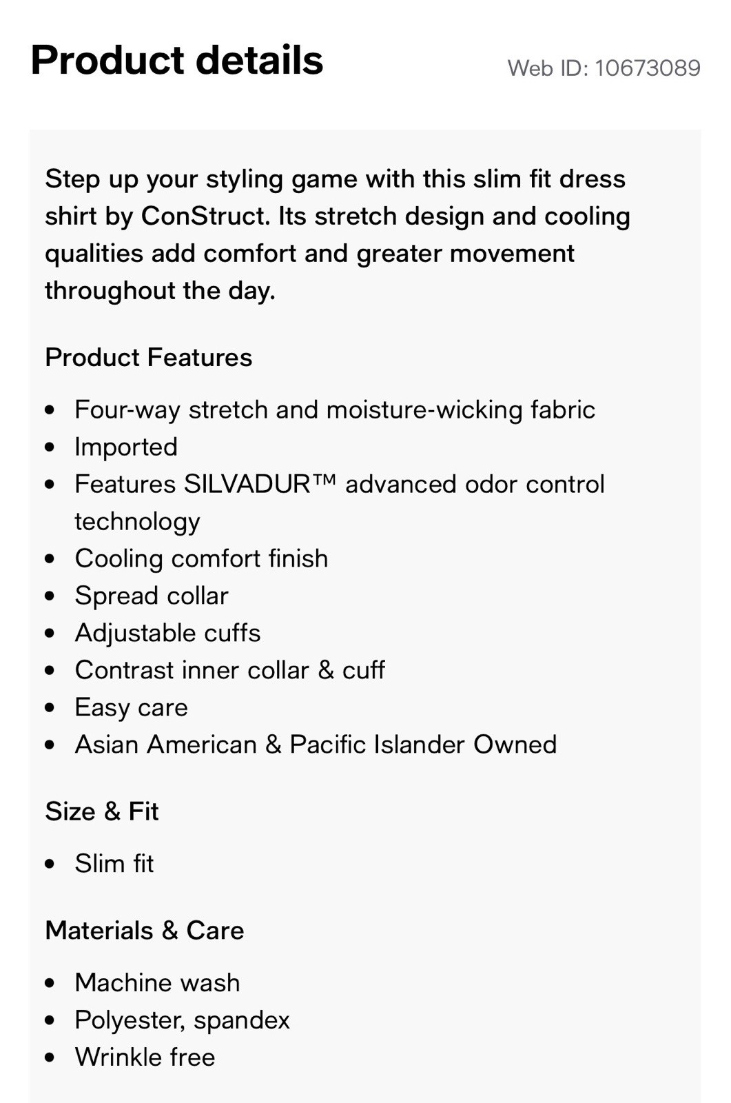 ConStruct L32909 Men’s White Slim Performance Stretch Cooling Dress Shirt Size M