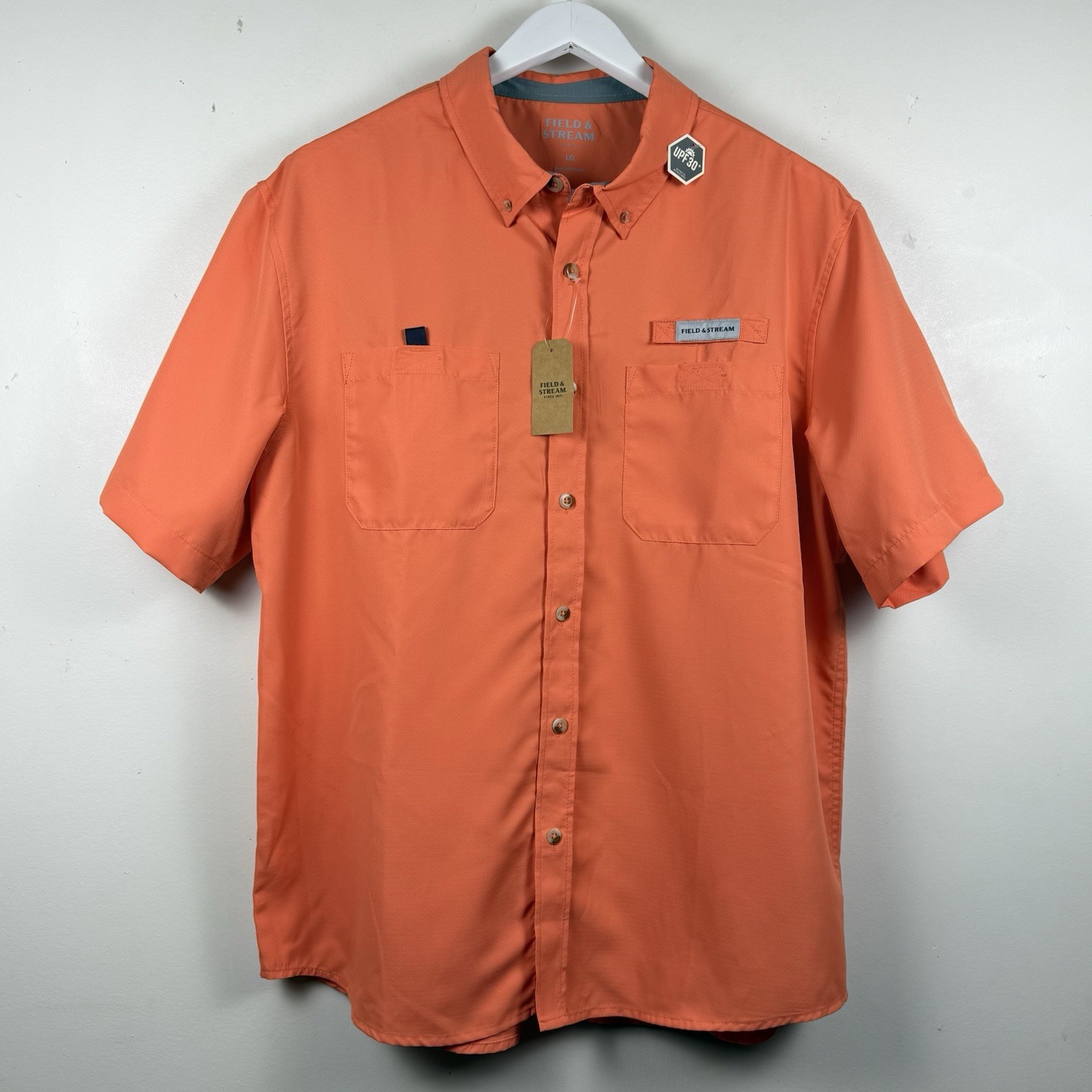 NWT Field & Stream Latitude II Vented Fishing Shirt Mens L Coral Orange UPF 30