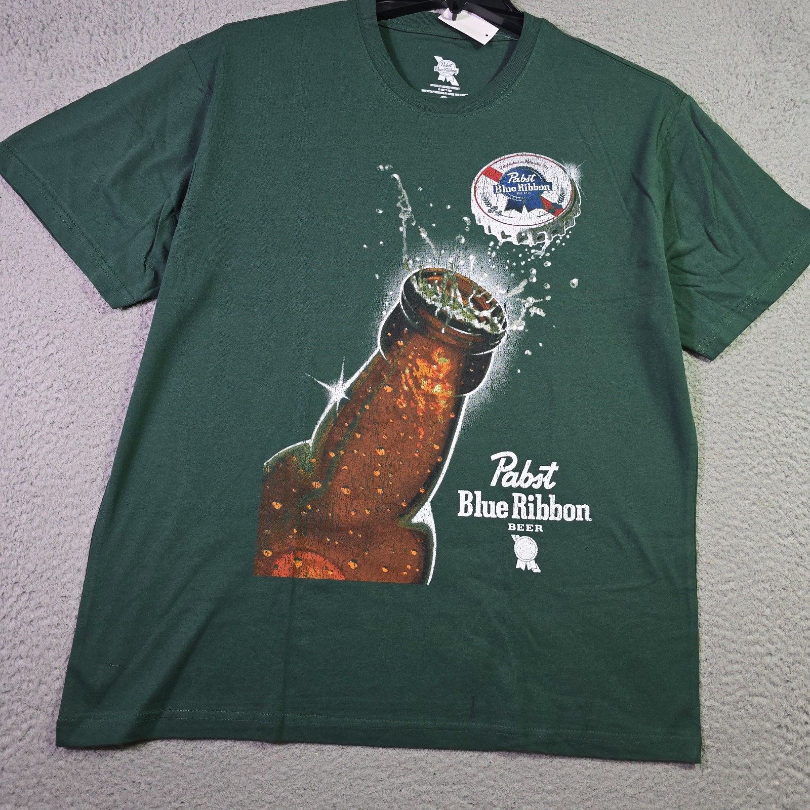 PBR Pabst Blue Ribbon Beer Shirt Mens Large Green Casual Distressed Bottle NWT