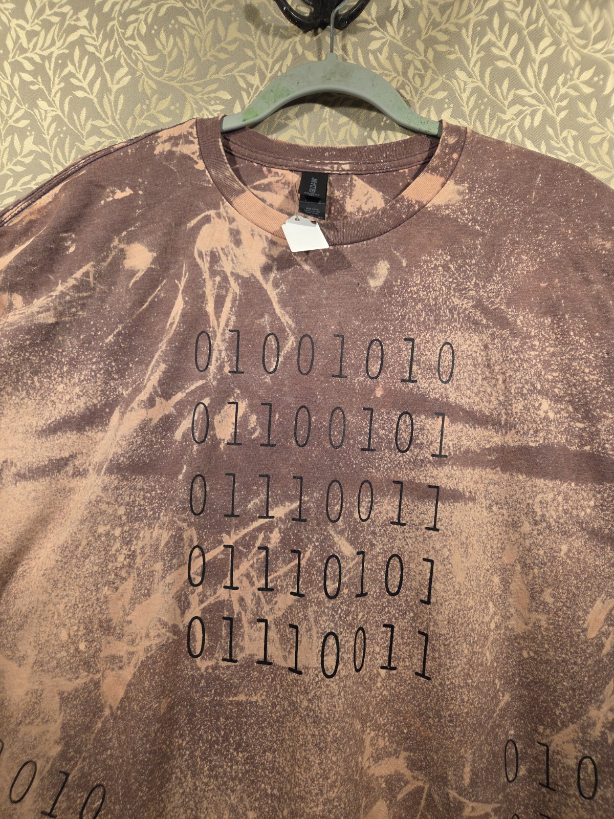 #145 Bleach Wash Binary Code Graphic T-Shirt Brown Beige Unisex 3XL Big & Tall