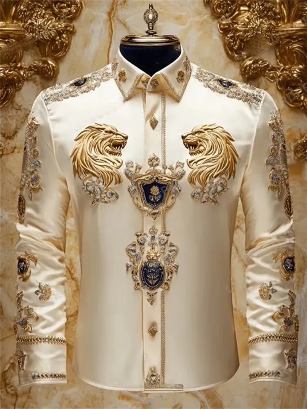 Men’s Luxury Lion Baroque 3D Print Button Up Shirt Long Sleeve Floral Casual Top