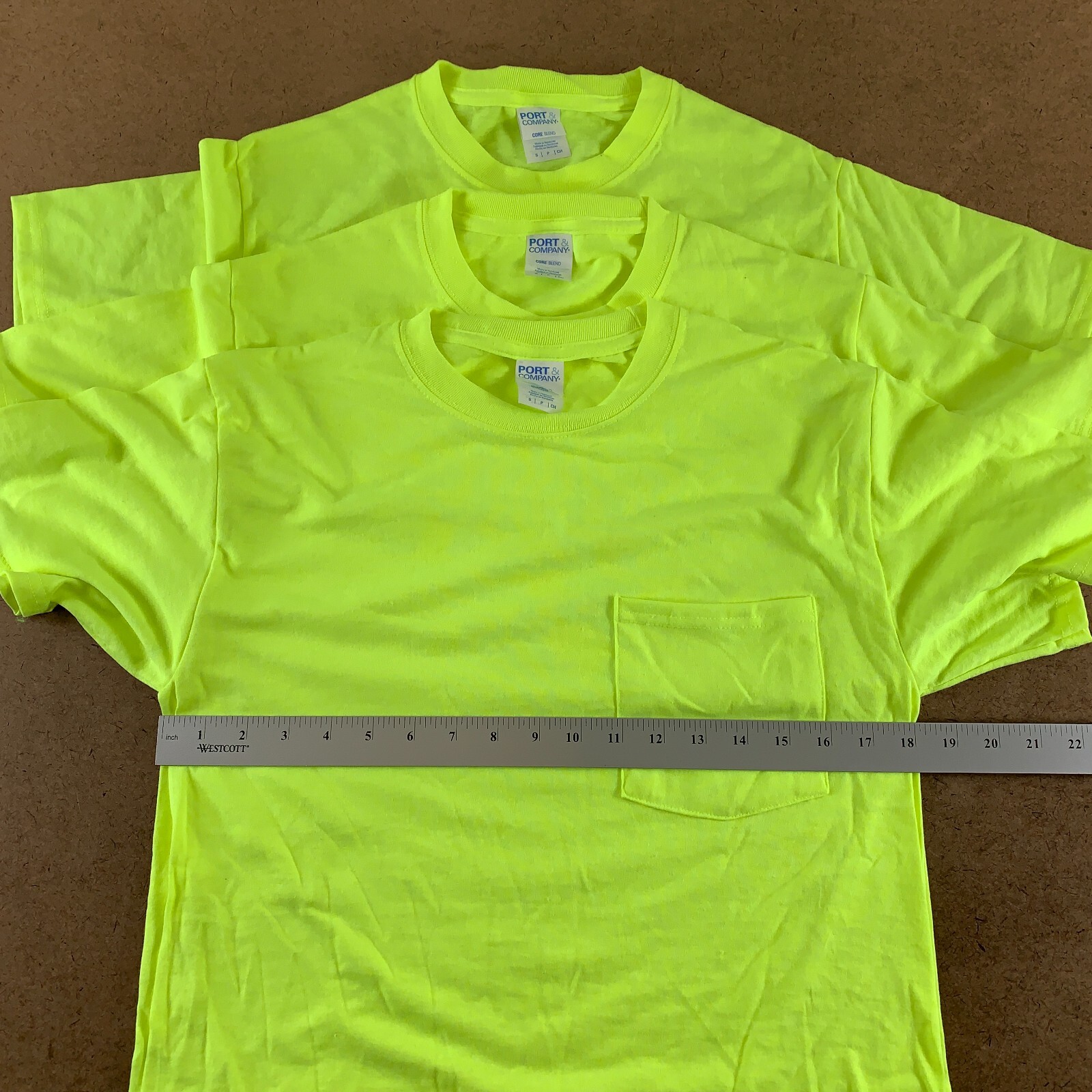 Lot of 3 Port & Company Men’s Small High Viz Yellow Short Sleeve Pocket T-Shirts