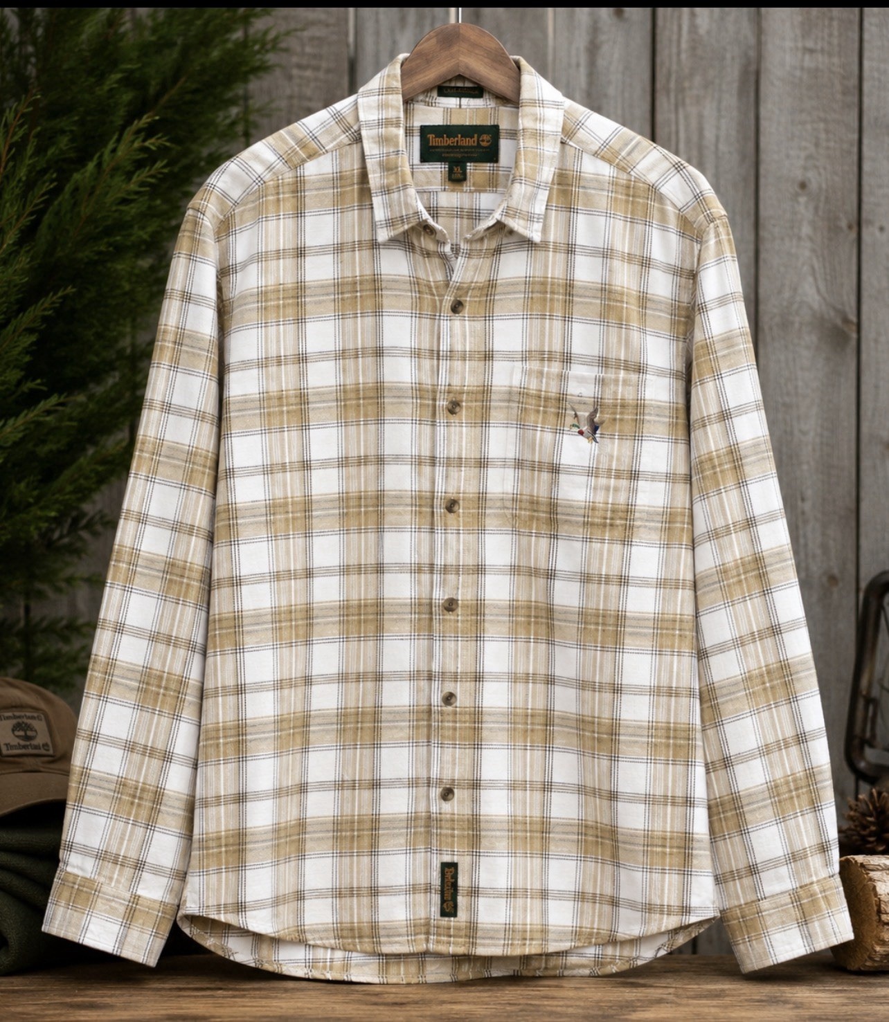 Timberland XL Plaid Flannel Shirt Duck Logo Tan Brown White 100% Cotton