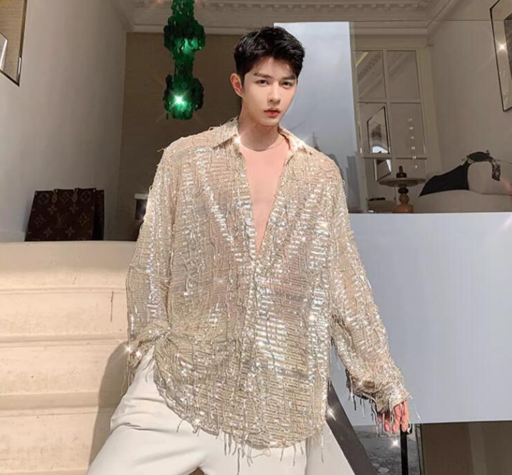 Hot Men’s Youth Glitter Sequin Tassel Long Sleeves Casual Shirt Club Party