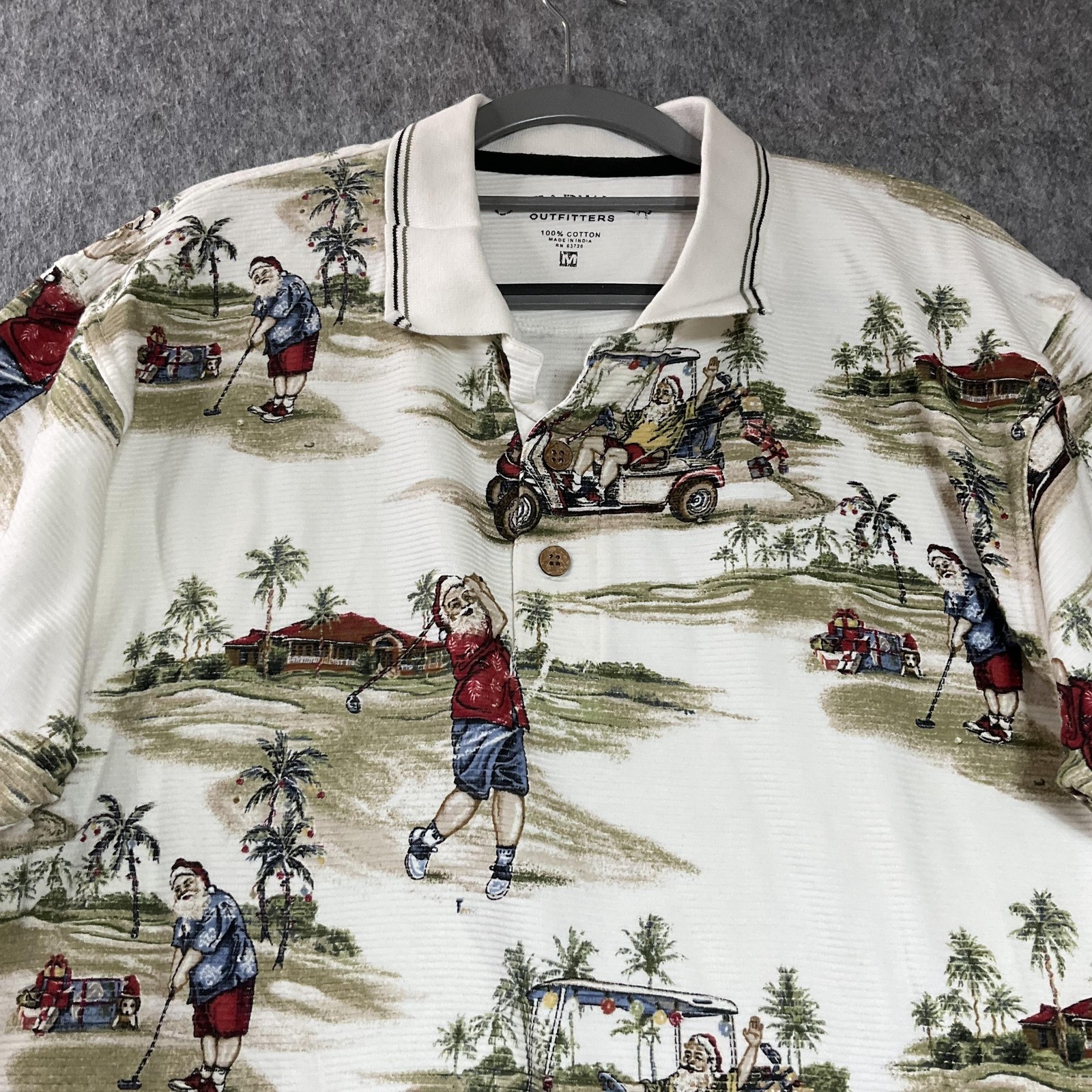 Clearwater Outfitters Polo Shirt Mens Medium Cream Christmas Santa Golf Holiday