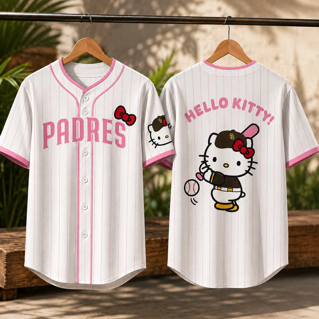 HOT! 2026 Padres Hello Kitty Baseball Jersey Pink Pinstripe Button Down Unisex