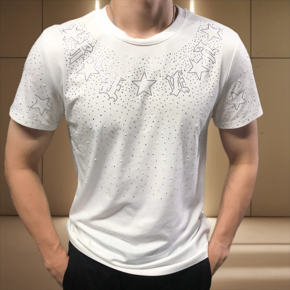 Fashion Star Rhinestone Diamond Summer Short Sleeve Luxury Men Trend T-Shirt