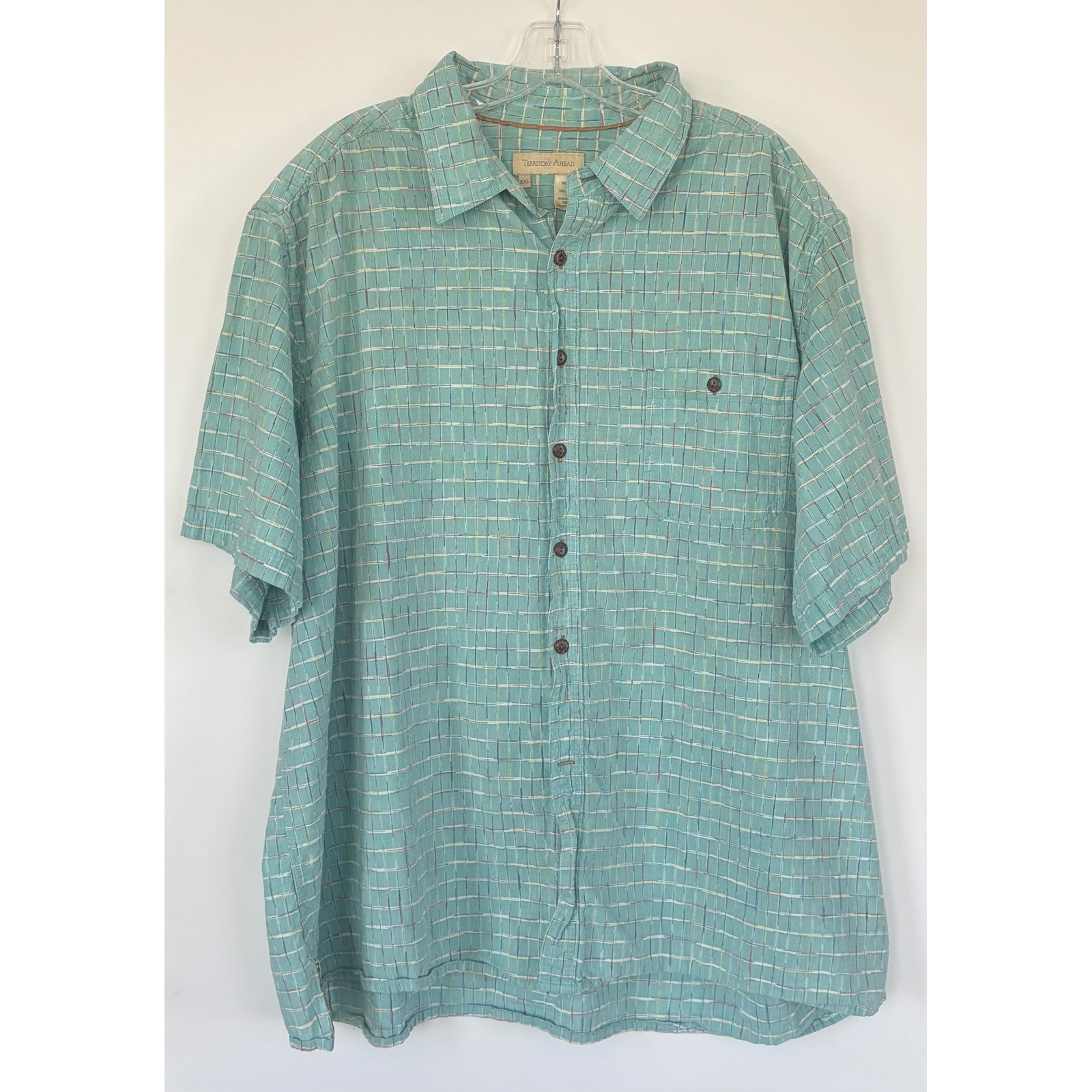Territory Ahead Mens XXL Teal Plaid Short Sleeve Button Down Cotton Shirt