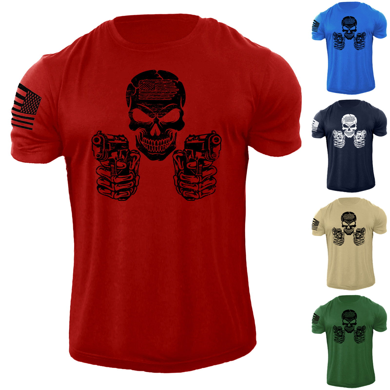 Men’s Skull Gun USA Flag T Shirt American Patriotic 100% Cotton Distressed Tee