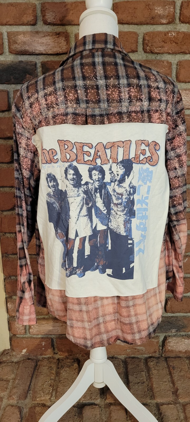 Your choice of BEATLES logo on upcycled flannel. Custom-made to YOUR size