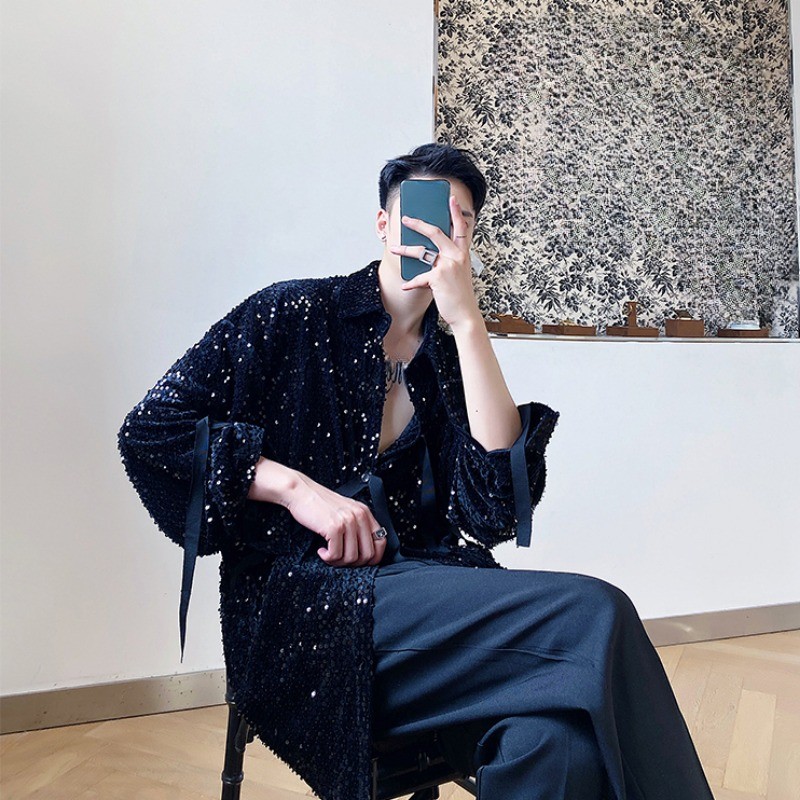 Men Sequined Velvet Button Shirt Long Sleeve Strap Glitter Nightclub Performance