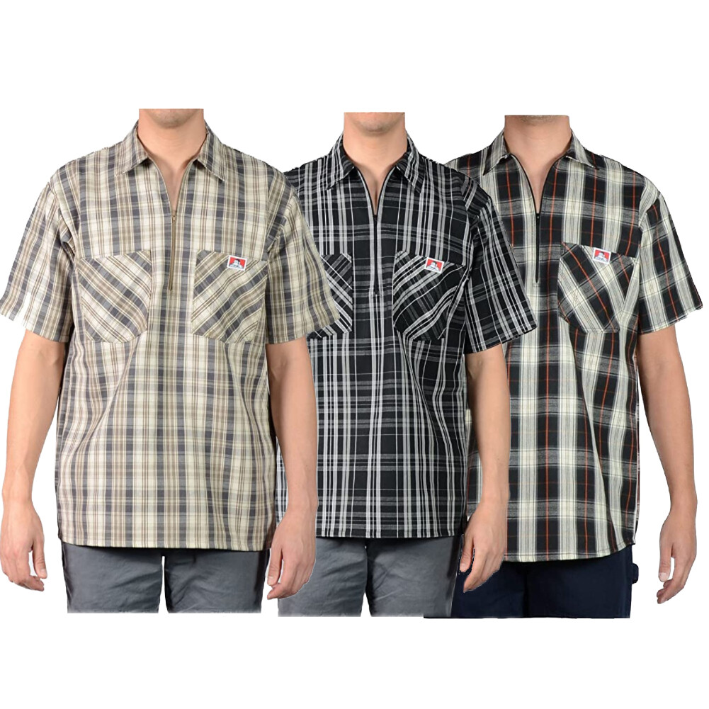 Ben Davis Men’s Shirt Short Sleeve Plaid Half-Zip Collared Pockets Work Shirt