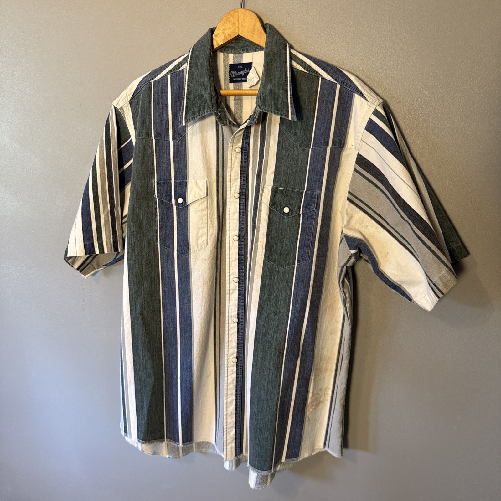 VTG Wrangler Western Brushpopper Striped Shirt Men’s 2XL Pearl Snaps SS *Read
