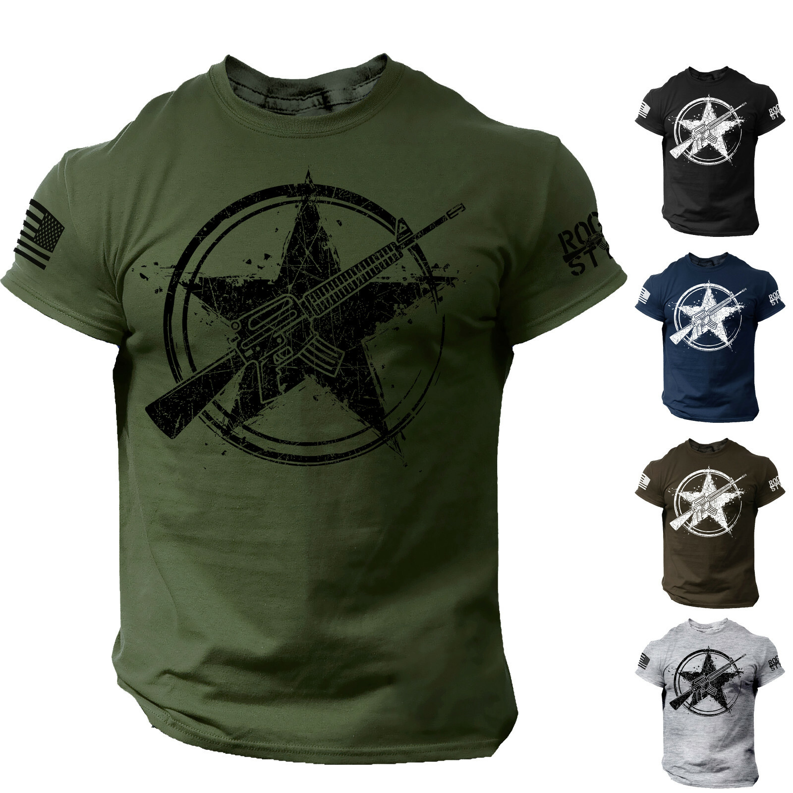 America Gun Star Men’s T Shirt Rifle Flag USA Warrior Military Style Tee