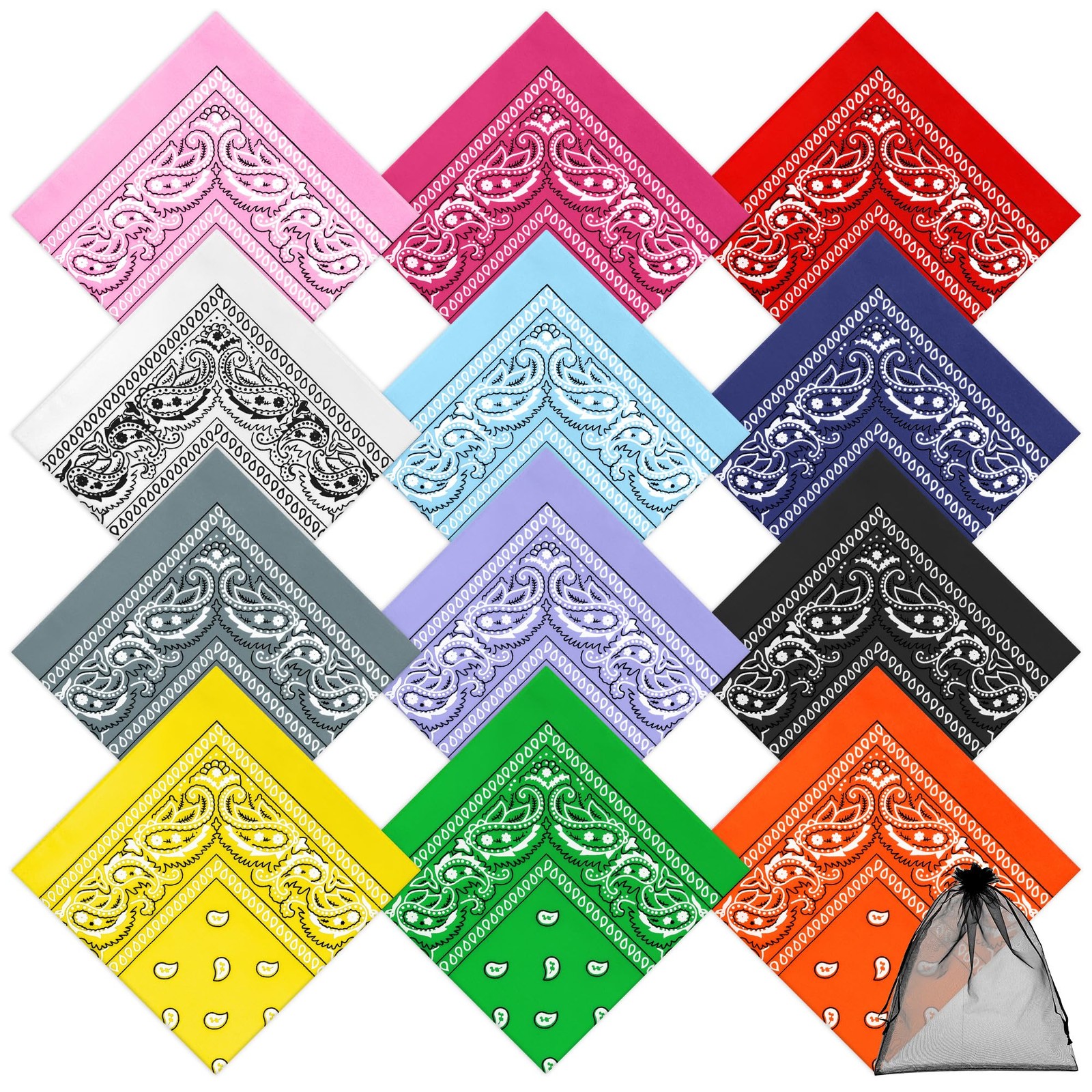 12 Pack Novelty Bandanas Paisley Print Cowboy Bandana Handkerchiefs, Assorted…