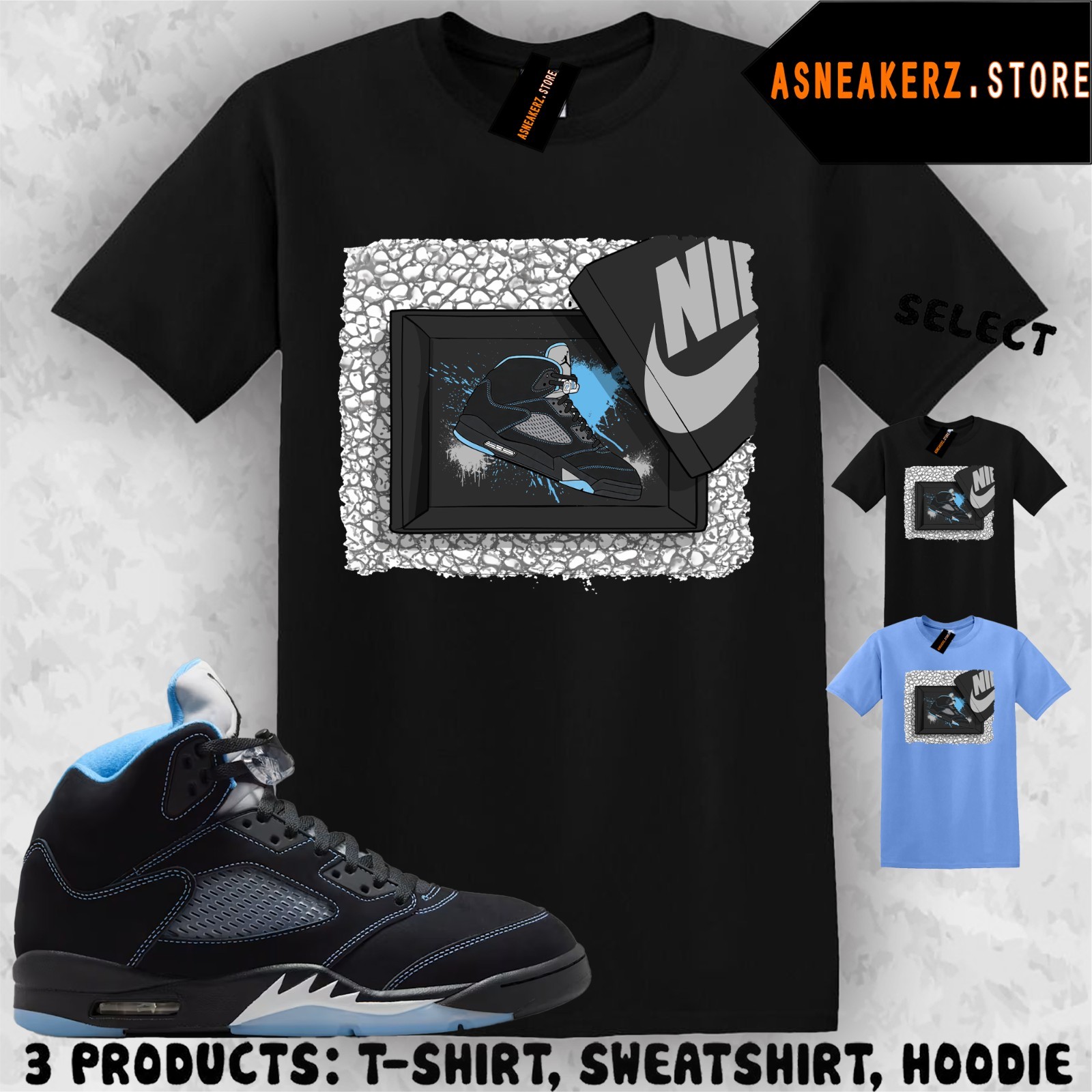 Shirt Matching AJ 5 Black UNC Blue 2026 Match Sneaker Shoebox 5s T-Shirt