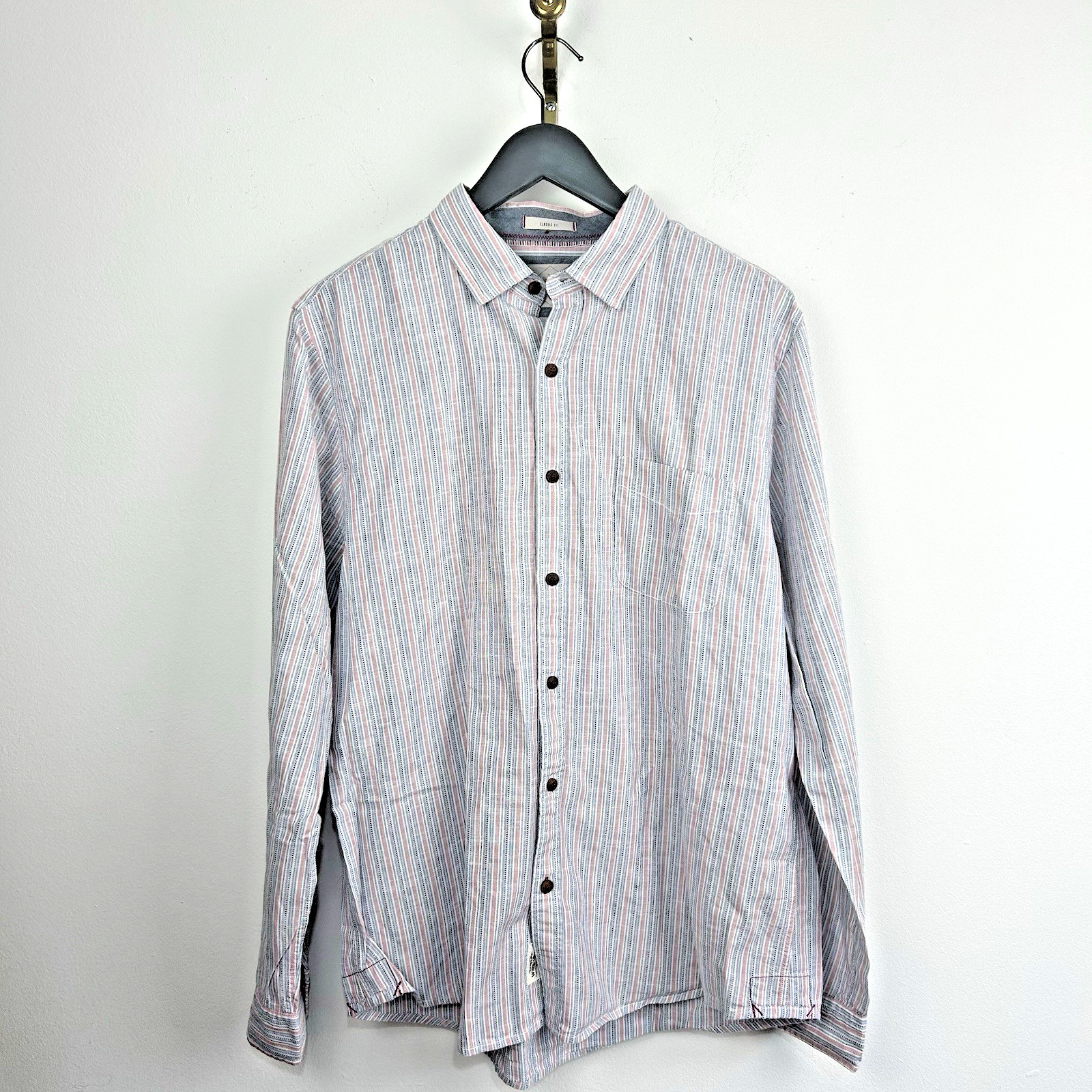 White Stuff Men’s Shirt Size L Blue Pink Striped Cotton Long Sleeve Casual