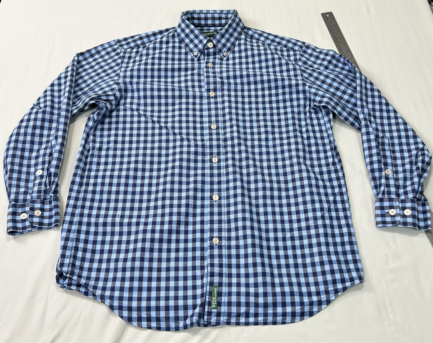 Orvis Shirt Mens Large Blue Gingham Check Cotton Classic Outdoor Long Sleeve EUC