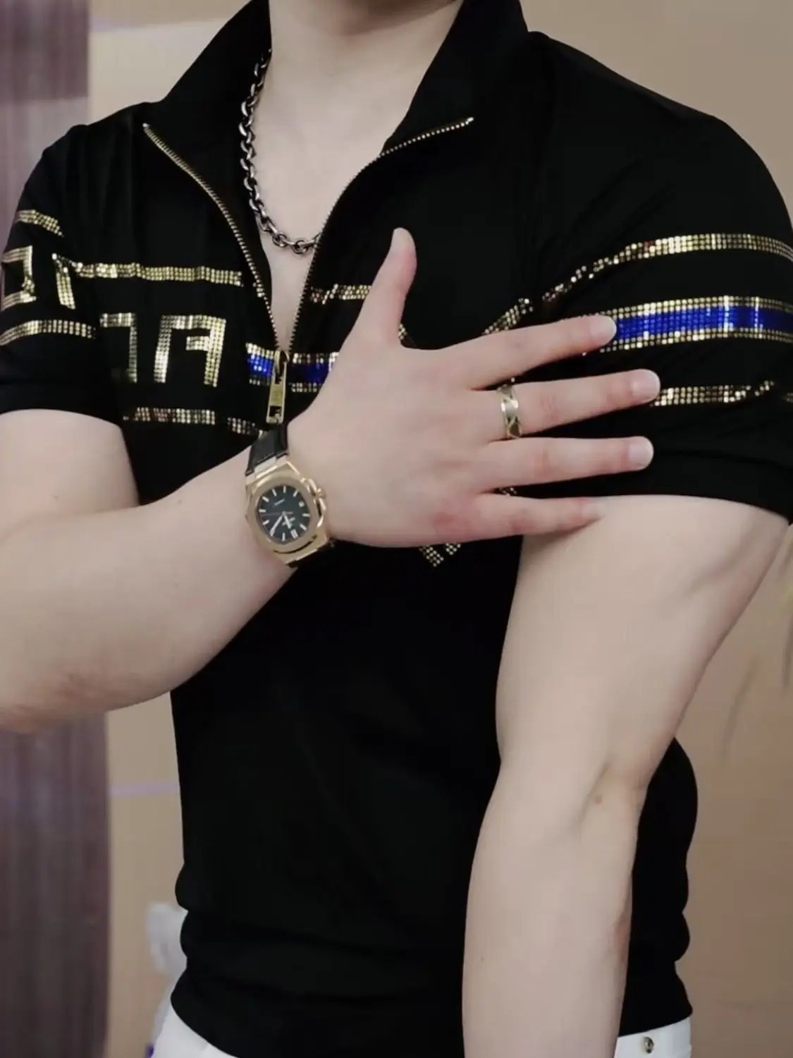 New Men Luxury Diamond Rhinestones Fashion Black Polo T-Shirt High Quality
