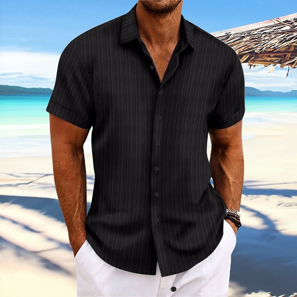 2025 Men Striped Button Down T Shirts Grandad Summer Short Sleeve Casual Tops