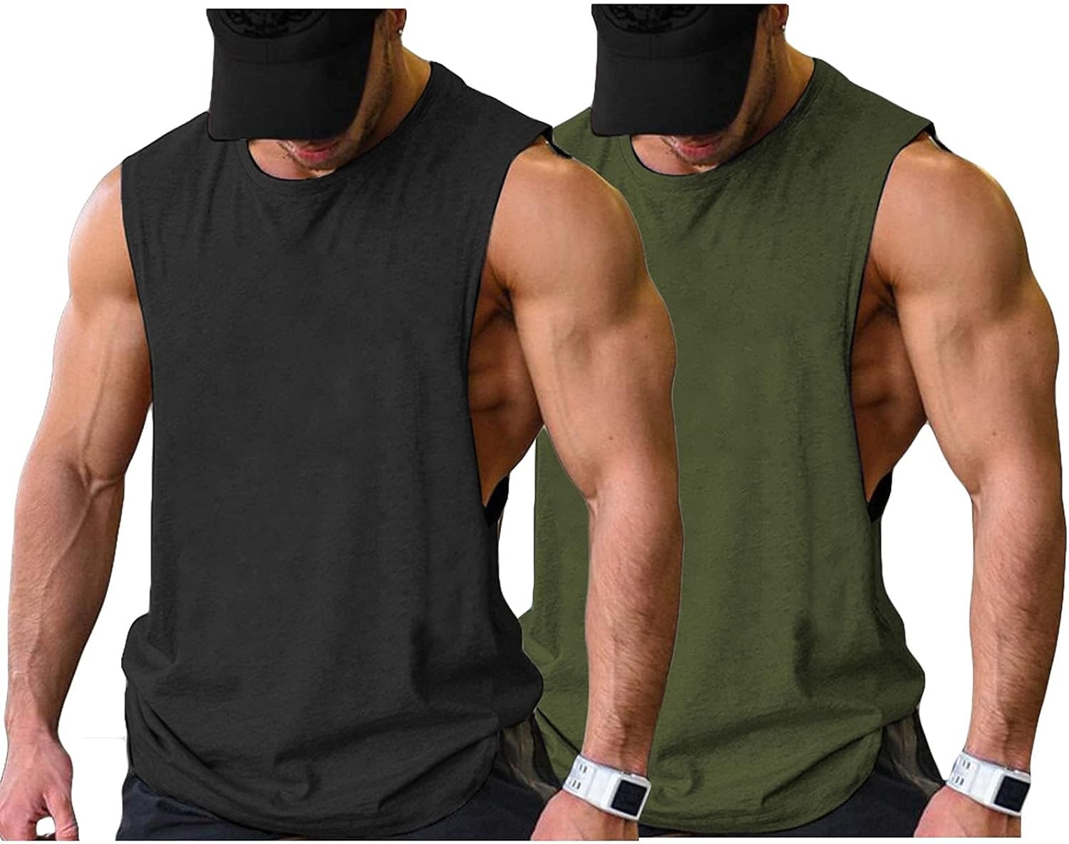 Men’s Pull On Top Sleeveless Crew Neck Black/Army Green(2pcs Regular Fit Sports