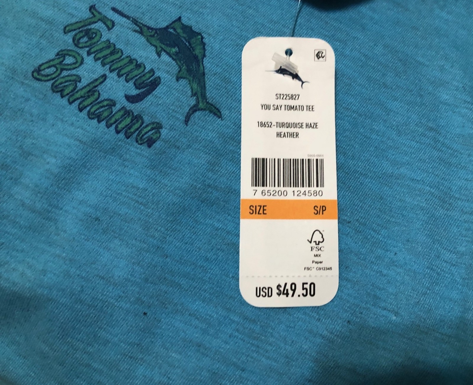 NWT TOMMY BAHAMA “S” MENS TURQUOISE HAZE HEATHER YOU SAY TOMATO ” TEE $ 49.50