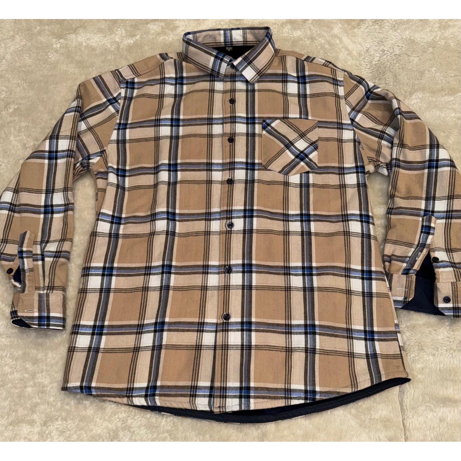 Mens Tan Plaid Fleece Lined Flannel Shirt Jacket Heavyweight Cotton Button Down